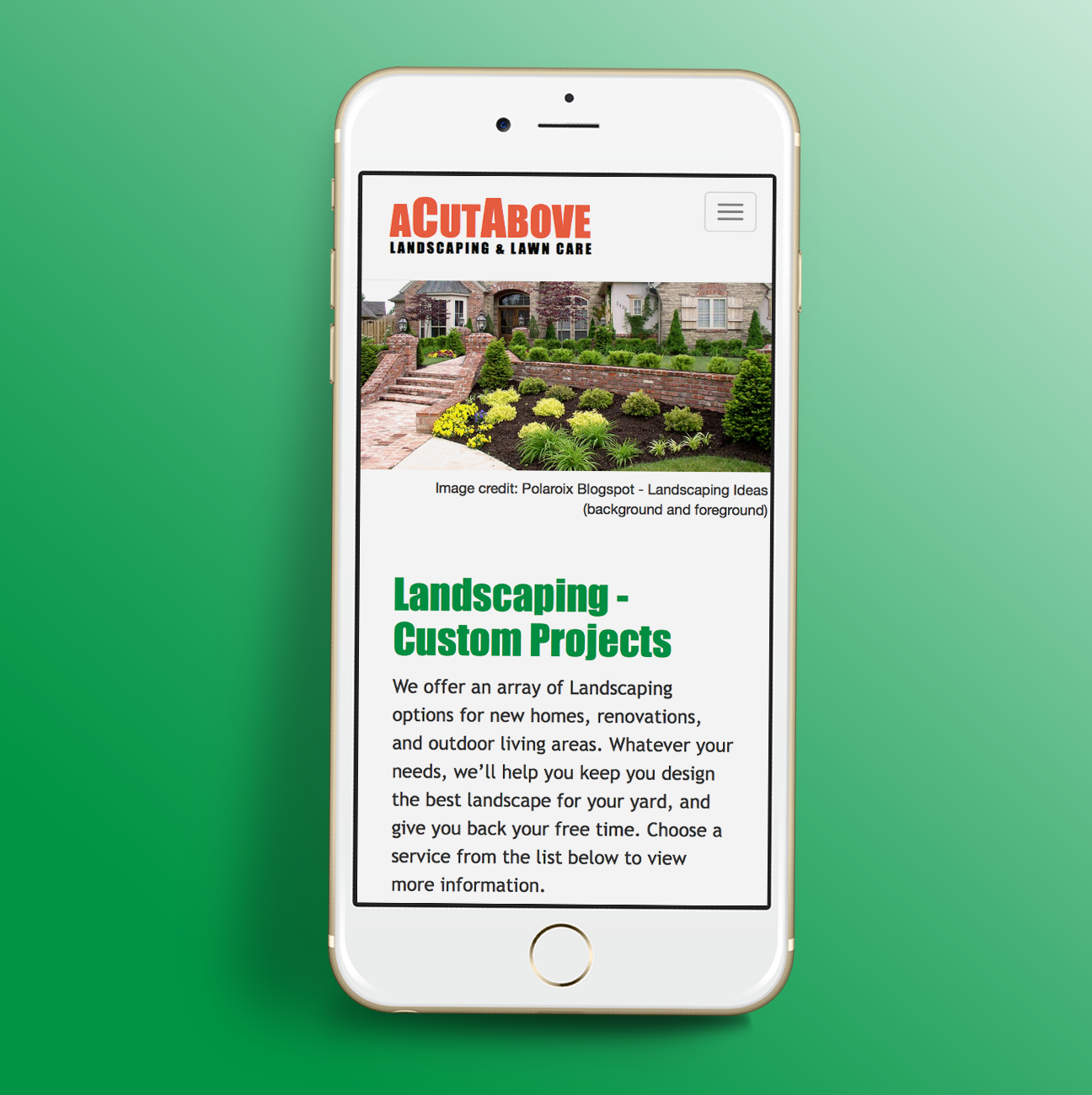 A Cut Above Landscaping Page on Mobile